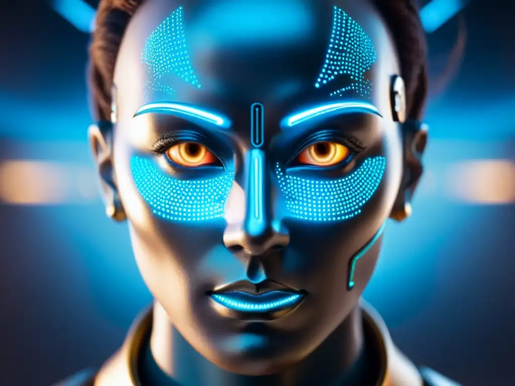 Rostro cyborg futurista con componentes metálicos integrados, ojos azules brillantes y fondo espacial