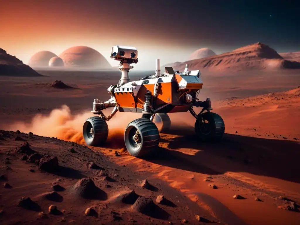 Exploración futurista en Marte: rover en terreno marciano Un rover espacial futurista explorando Marte entre remolinos de polvo, con un cielo naranja