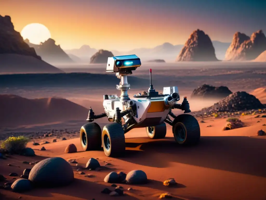 Rover espacial con IA explora planeta alienígena al atardecer