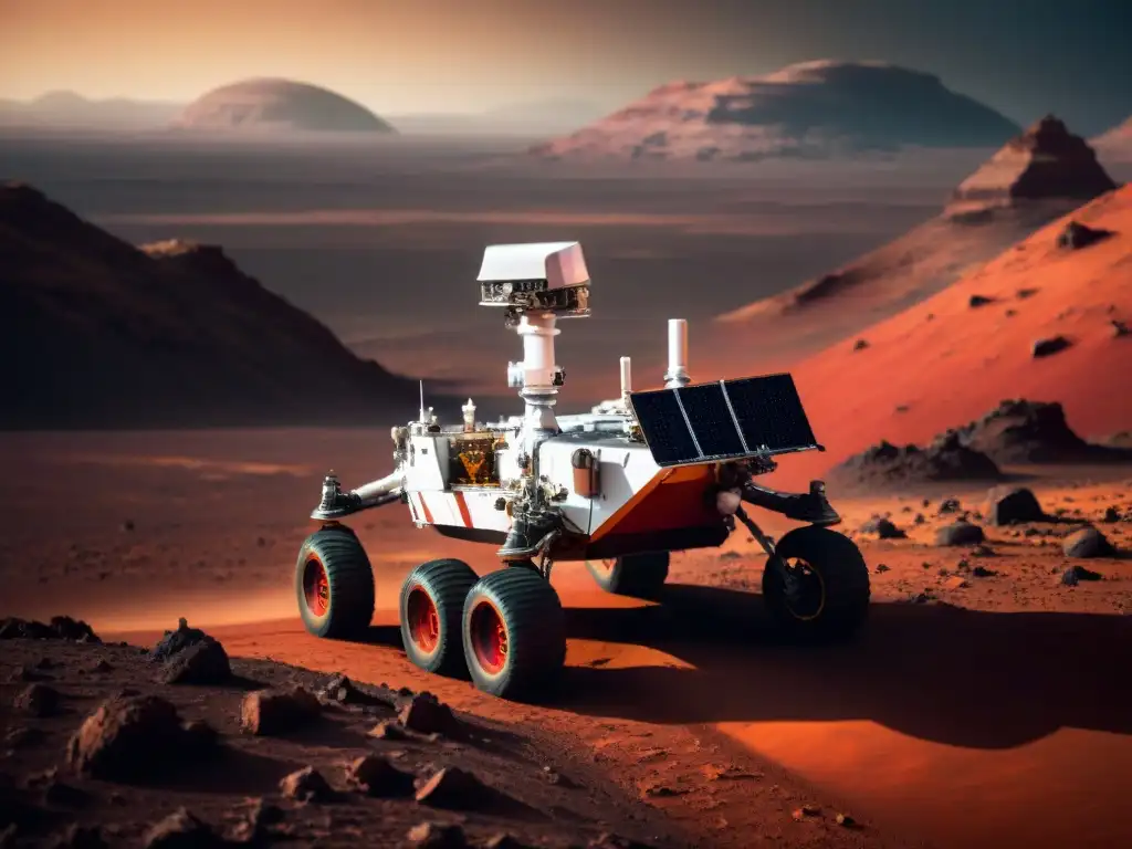 Rover de exploración espacial en Marte siglo XXI, avanzando en terreno rojo con tecnología avanzada y paisaje marciano al fondo