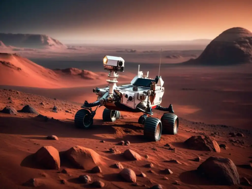 Rover futurista en Marte: exploración robótica en terreno rocoso Un rover futurista recorre Marte, mostrando avanzada tecnología de exploración
