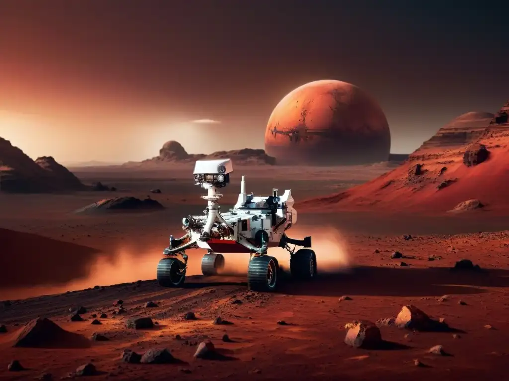 Un rover futurista explorando Marte, con paisaje rojizo y tormenta de polvo al fondo