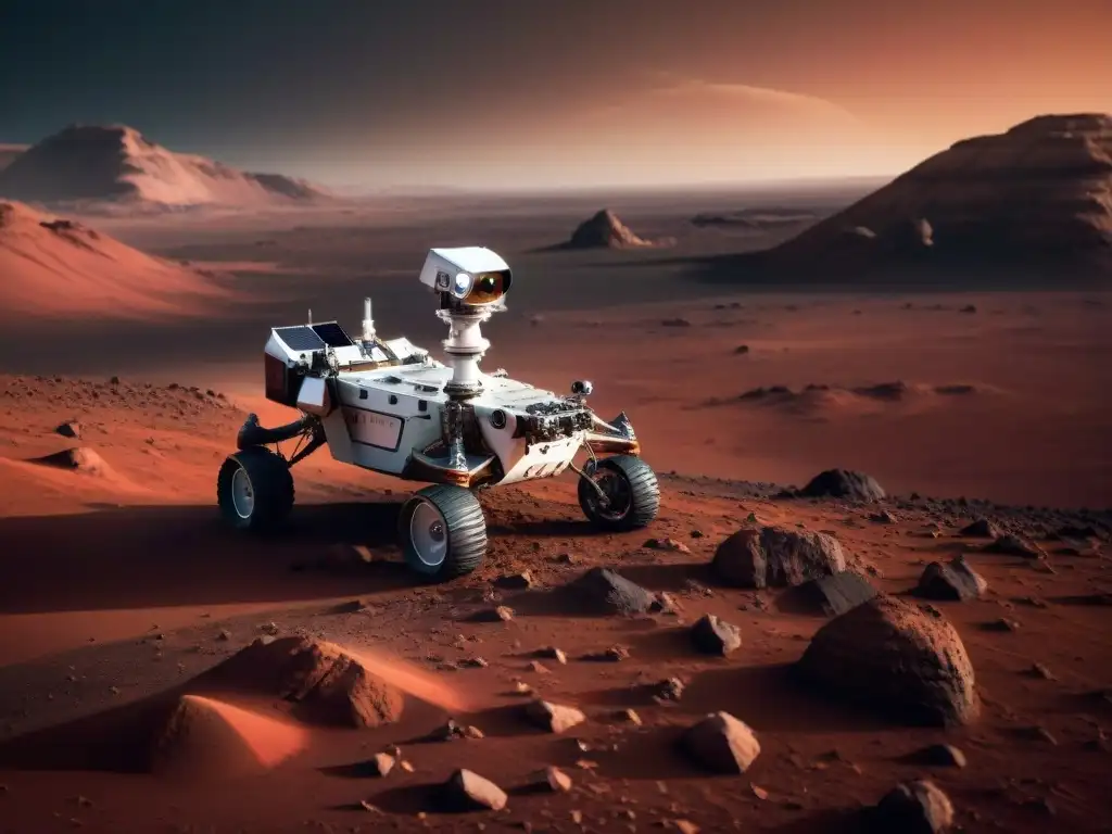 Explorador futurista en Marte: tecnología avanzada en terreno rocoso Un rover futurista explora Marte, con paisaje rojo y cielo anocheciendo