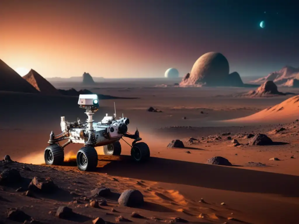 Rover futurista explorando planeta alienígena al atardecer Un rover futurista explorando un planeta remoto al atardecer alienígena