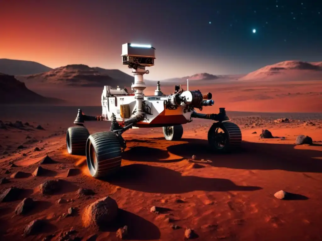 Un rover futurista en Marte, con tecnología avanzada y paisaje rojizo al fondo