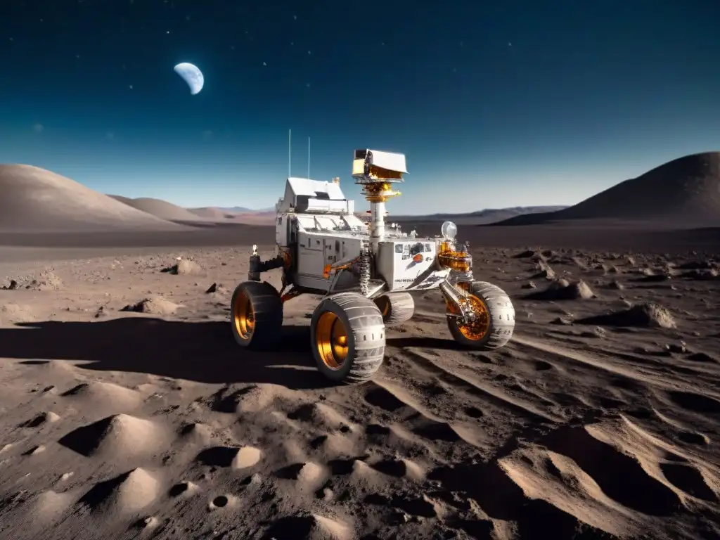 Un rover lunar futurista recorriendo la luna, con la Tierra de fondo