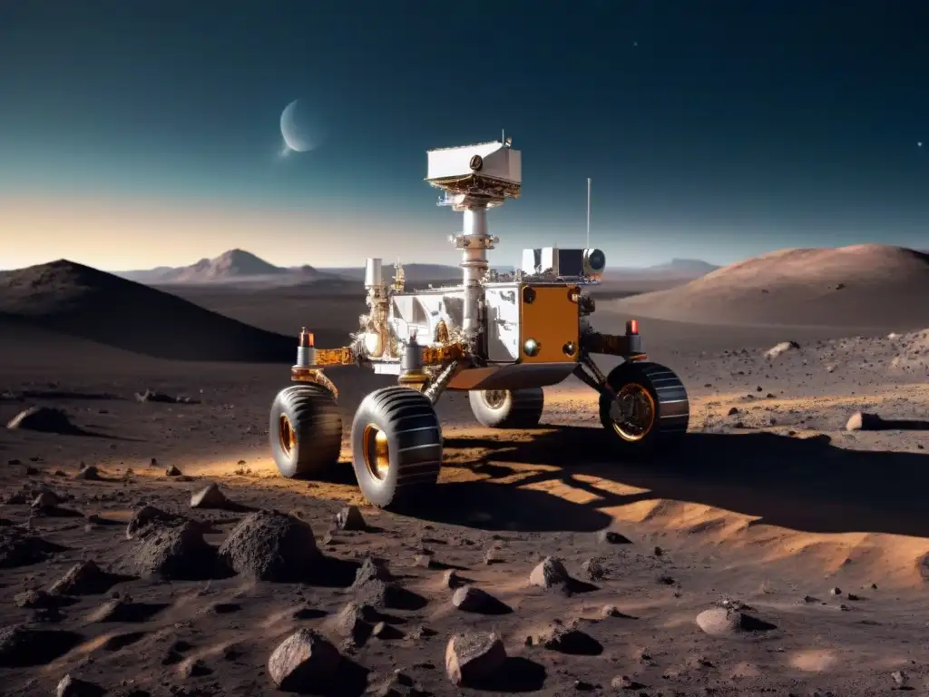 Un rover lunar futuristic recorre terreno lunar rugoso, con la Tierra de fondo y tecnología avanzada