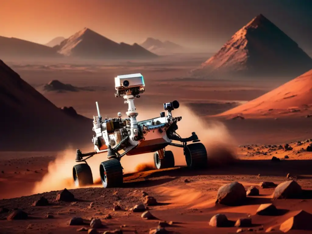 Un rover marciano explorando terreno rocoso, con montañas rojas al fondo y una tormenta de polvo acercándose