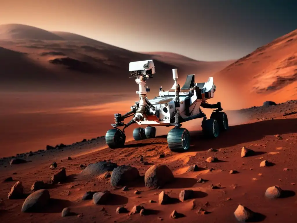 Rover de la misión Mars 2020 recolectando muestras en Marte, con paisaje marciano de fondo