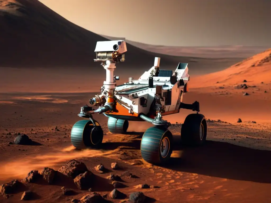 Exploración marciana: Rover en acción en terreno rocoso Un rover en Marte recoge muestras en el terreno rocoso, mostrando tecnología avanzada y misiones espaciales con rovers en Marte