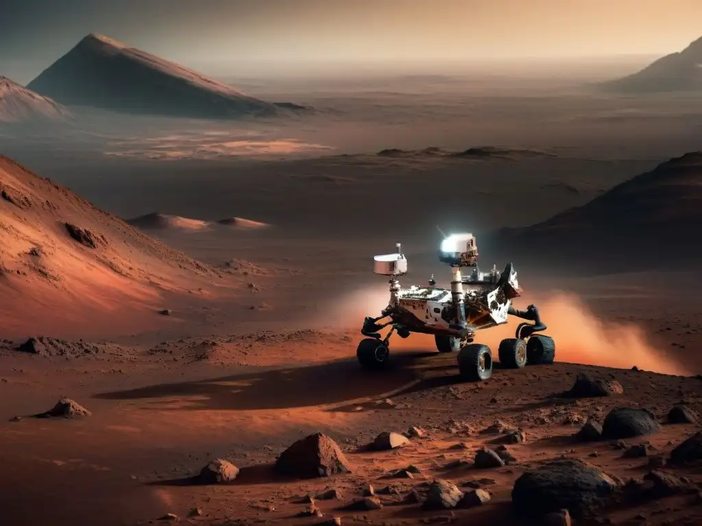 Exploración en Marte con el rover Curiosity y paisaje rojizo