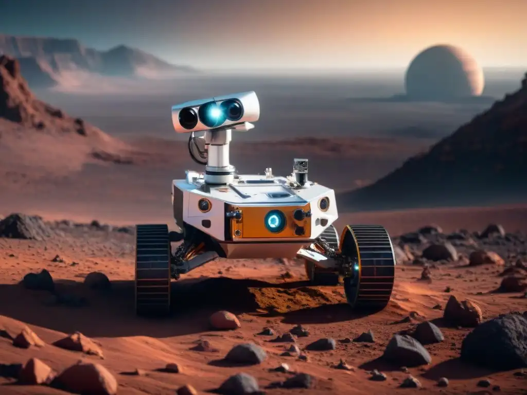 Un rover robótico avanzado con Inteligencia Artificial en Exploración Espacial, explorando un planeta remoto