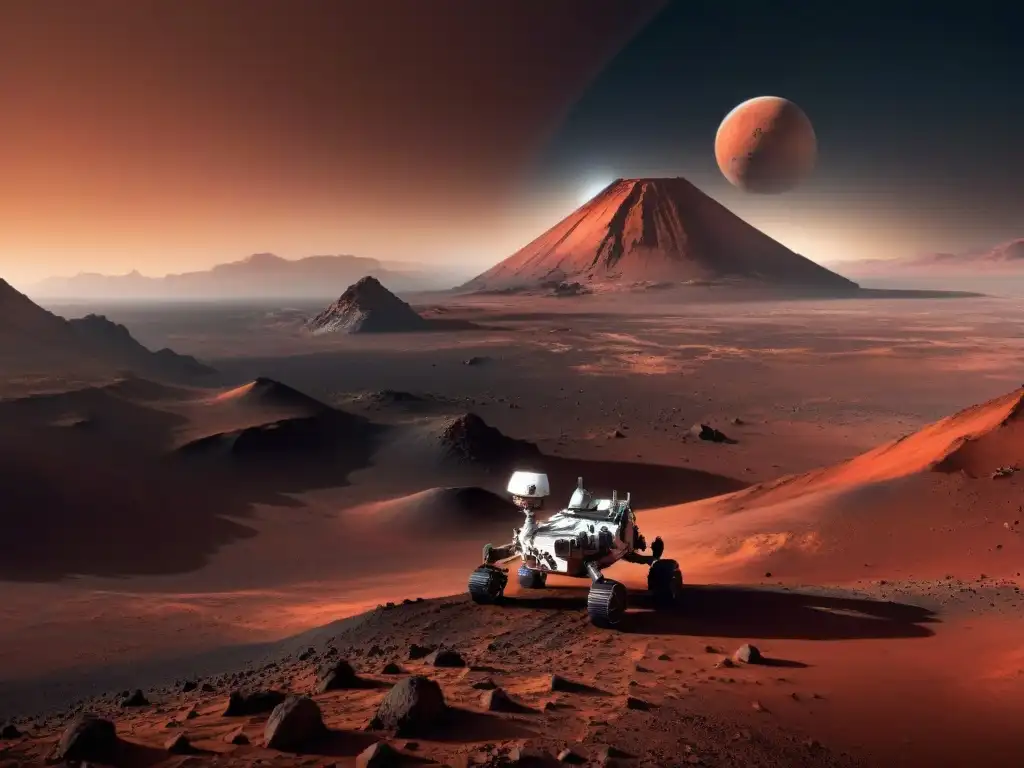 Un rover robótico explorando Marte con Olympus Mons al fondo