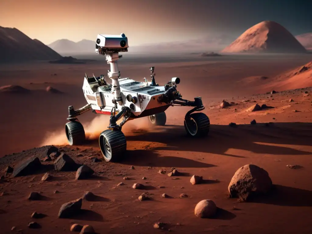 Un rover robótico futurista explorando Marte con paisaje rocoso y cielo polvoriento