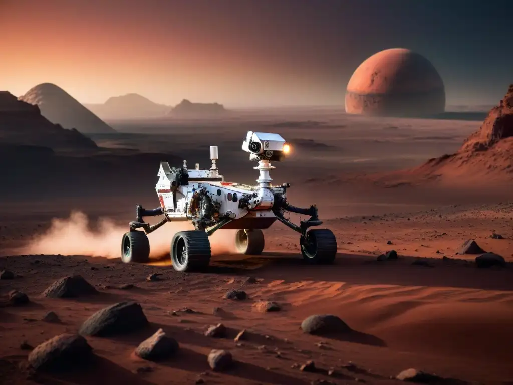 Un rover robótico futurista recoge muestras en Marte al atardecer