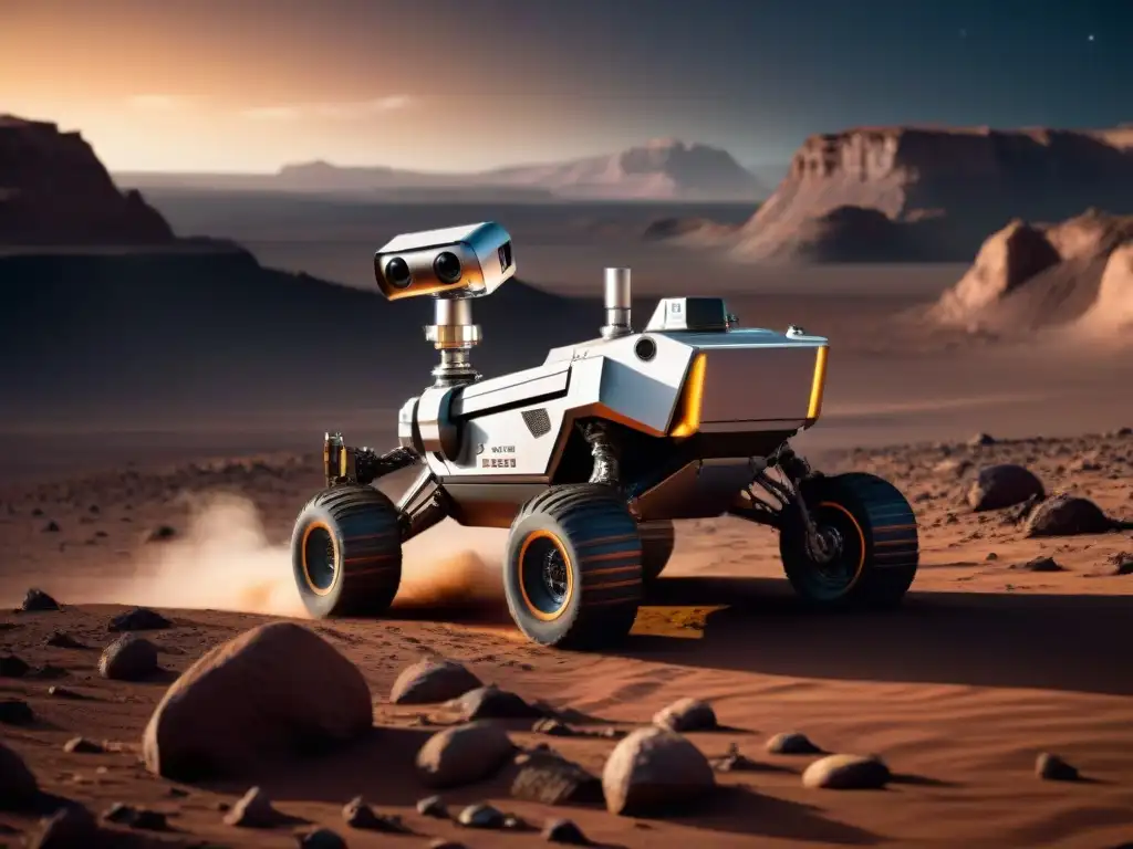 Un rover robótico futurista explorando un planeta alienígena, con tecnología avanzada