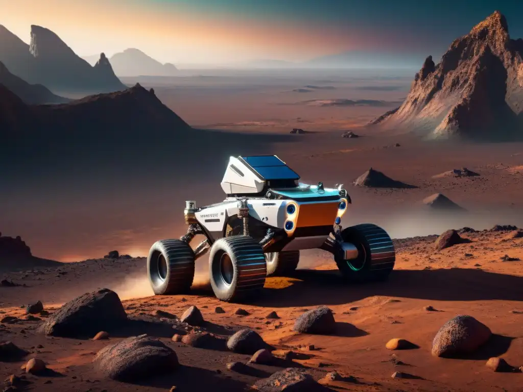 Un rover robótico futurista explorando un planeta alienígena, recolectando muestras de rocas exóticas bajo un sol brillante