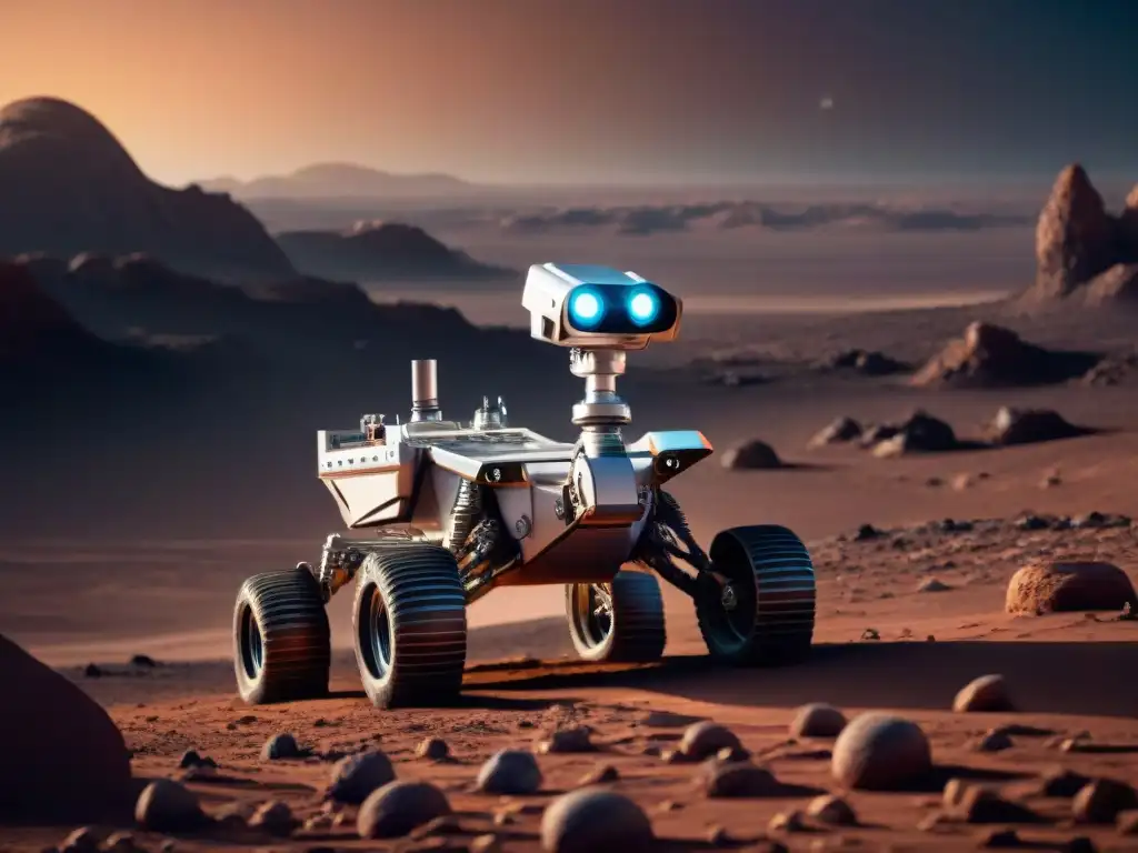 Un rover robótico explorando un planeta alienígena, con terreno rocoso y horizonte misterioso