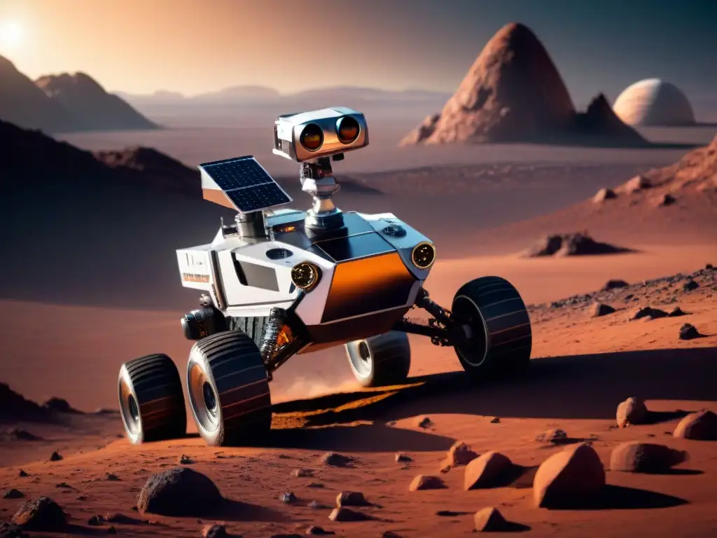 Robótica espacial: rover autónomo explorando planeta remoto Un rover autónomo explorando terreno alienígena, con paneles solares brillantes bajo el sol