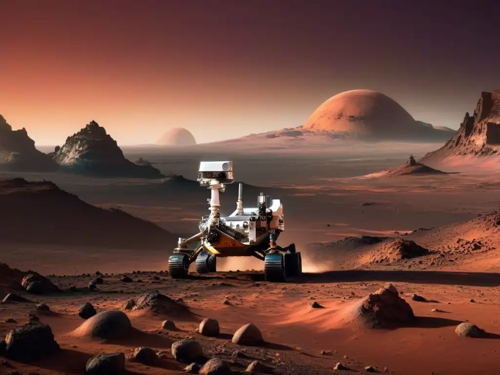 Un rover de Marte recorre terreno rojizo, con sus paneles solares brillando bajo un cielo rosado