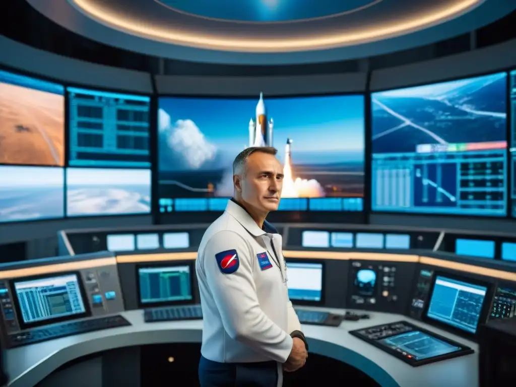 Valentin Glushko en sala de control de Baikonur, con monitores y cohete en lanzamiento