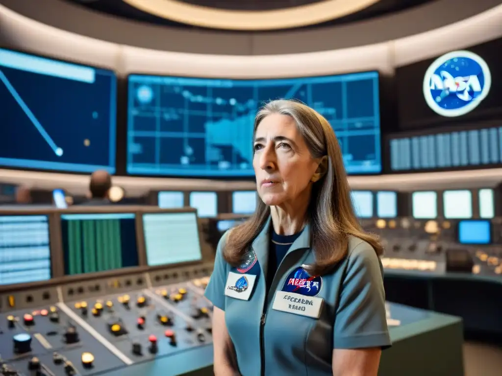 Margaret Hamilton en la sala de control de la NASA durante el alunizaje del Apolo 11, mostrando su crucial labor en la programación en misiones espaciales históricas