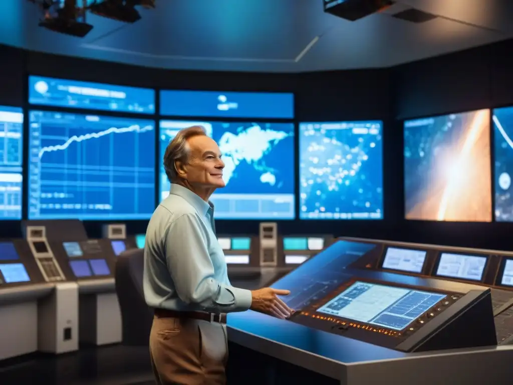 Richard Feynman en la sala de control de la NASA durante un lanzamiento de transbordador espacial, rodeado de científicos y tecnología futurista