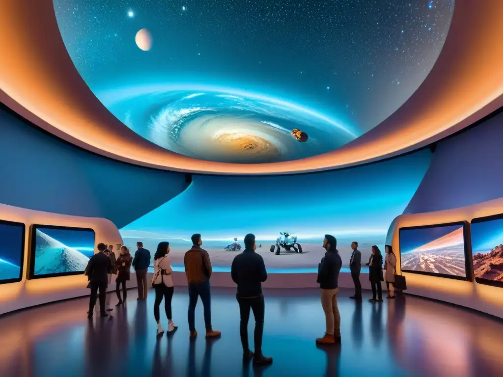 Una sala de exposiciones futurista de exploración espacial, con instalaciones interactivas y luces azules