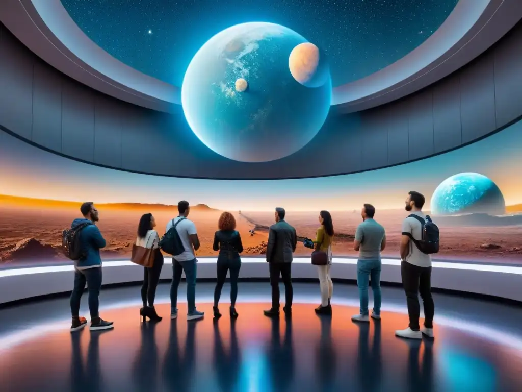 Una sala de exposiciones futurista de exploración espacial con tecnología avanzada y vistas de galaxias lejanas