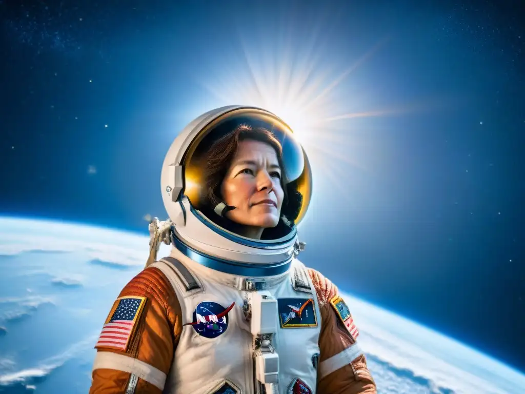 Sally Ride flota con gracia en el espacio, rodeada de estrellas y la Tierra, reflejando determinación y asombro