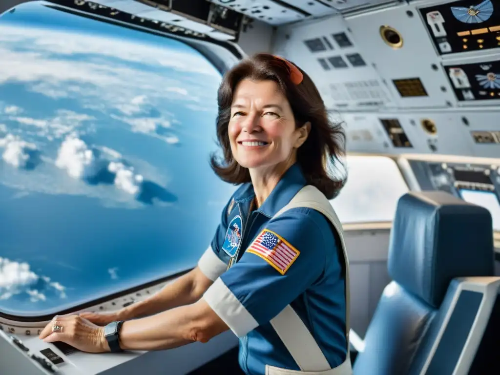 Sally Ride flota con gracia en el transbordador espacial, expresión de asombro y determinación, siendo la primera mujer estadounidense en el espacio