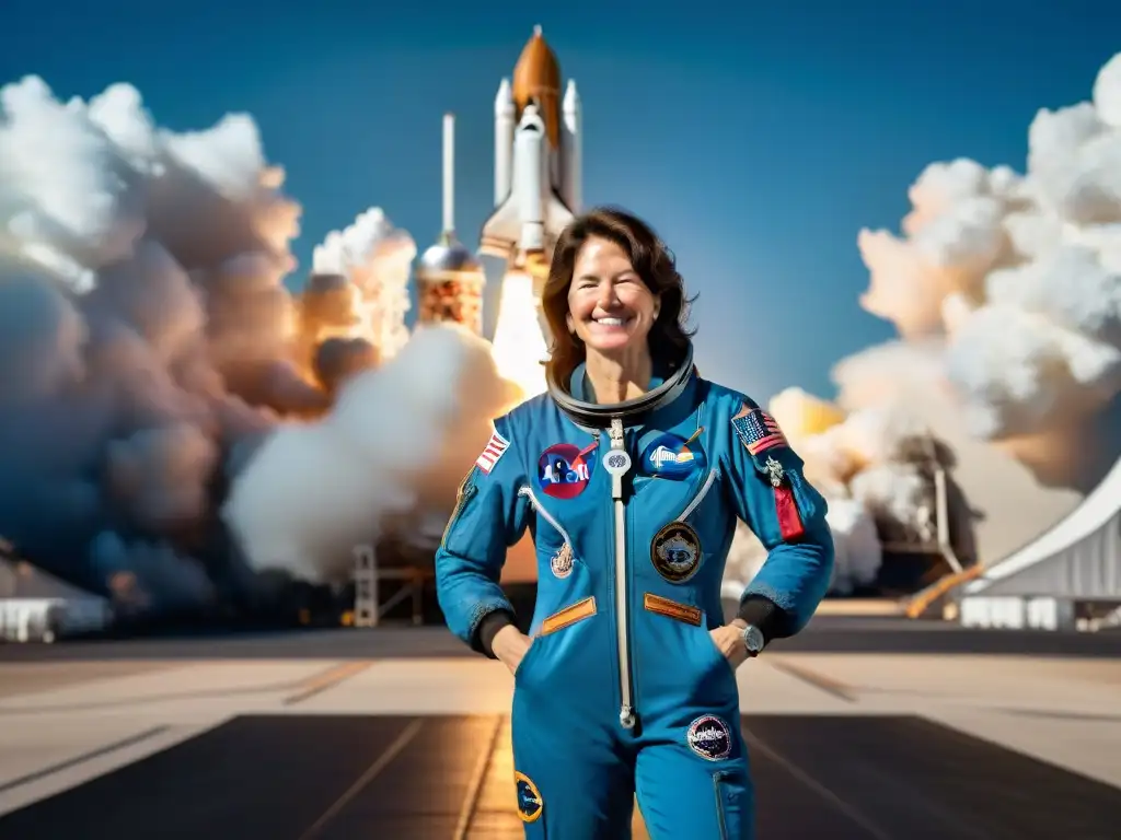 Sally Ride, primera mujer americana en el espacio, sonríe confiada frente al transbordador Challenger y el cielo azul