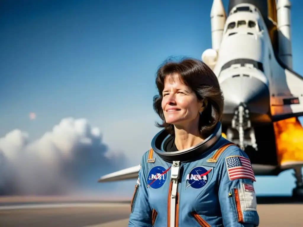 Sally Ride, primera mujer en el espacio, mirando hacia el infinito junto al transbordador Challenger y la Tierra de fondo