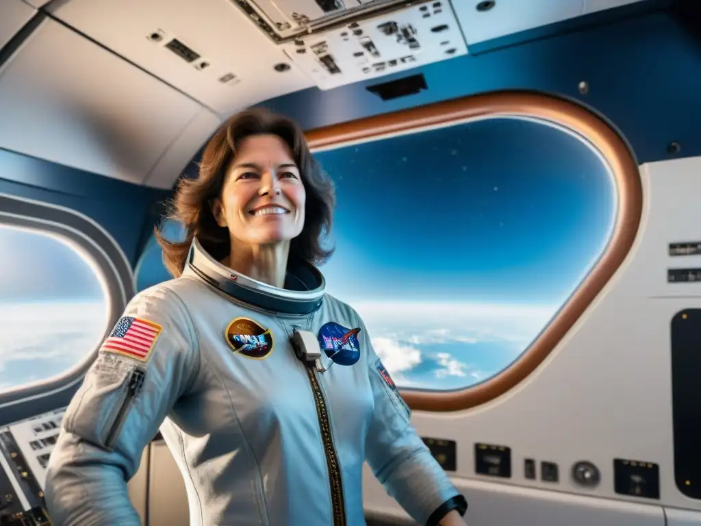 Sally Ride primera mujer en el espacio flotando con determinación en la nave Challenger, la Tierra curvada de fondo