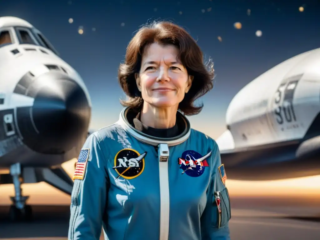 Sally Ride primera mujer espacio en traje de astronauta frente al transbordador espacial, mirando determinada al infinito y la Tierra de fondo