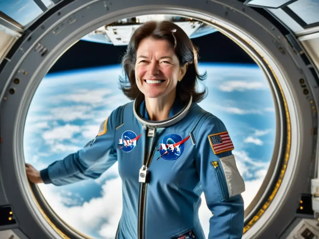 Sally Ride, primera mujer en el espacio, flota sonriente en el transbordador espacial con la Tierra de fondo, transmitiendo determinación y asombro