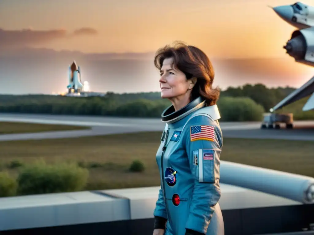 Sally Ride, la primera mujer estadounidense en el espacio, admirando el transbordador Challenger en la plataforma de lanzamiento al atardecer