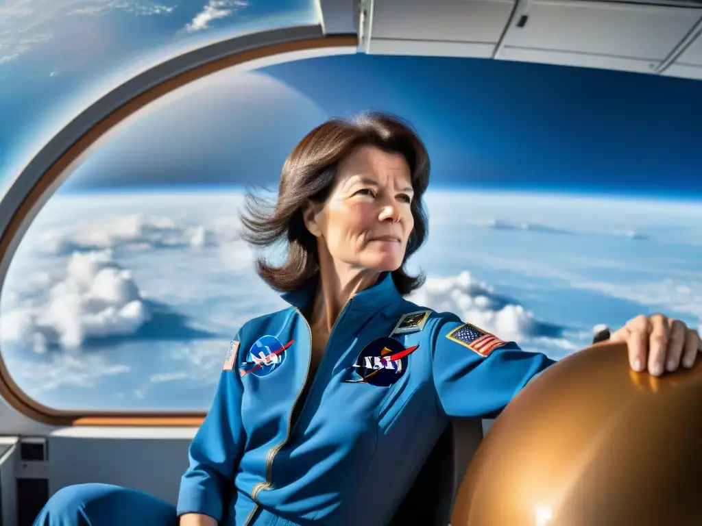 Sally Ride, primera mujer estadounidense en el espacio, admirando la Tierra desde la nave espacial