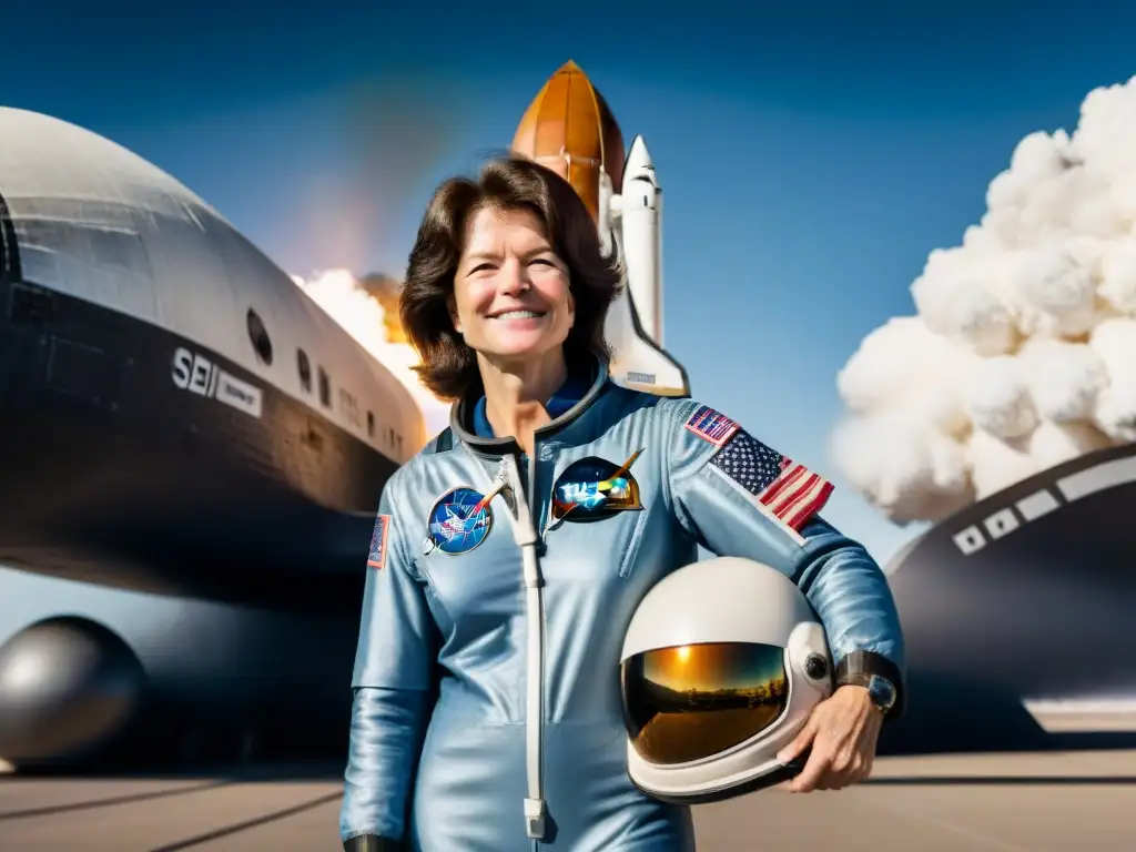 Sally Ride, primera mujer estadounidense en el espacio, ante el Challenger y la Tierra, reflejada en su casco, en una escena inspiradora y detallada