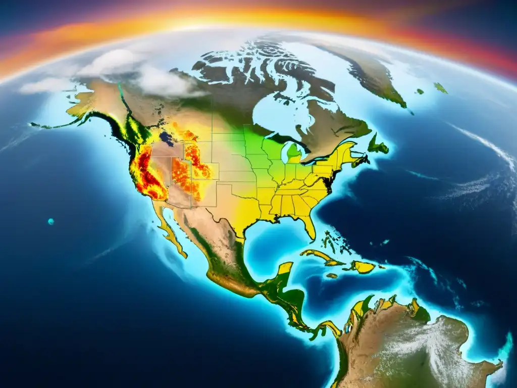 Satélite detallado orbitando la Tierra, capturando redes climáticas con colores vivos