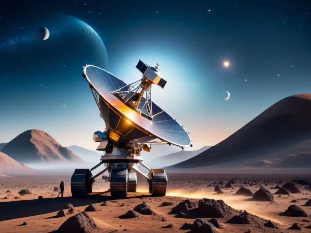 Un satélite espacial futurista orbita un planeta distante, destacando su avanzada tecnología de comunicación en misiones espaciales