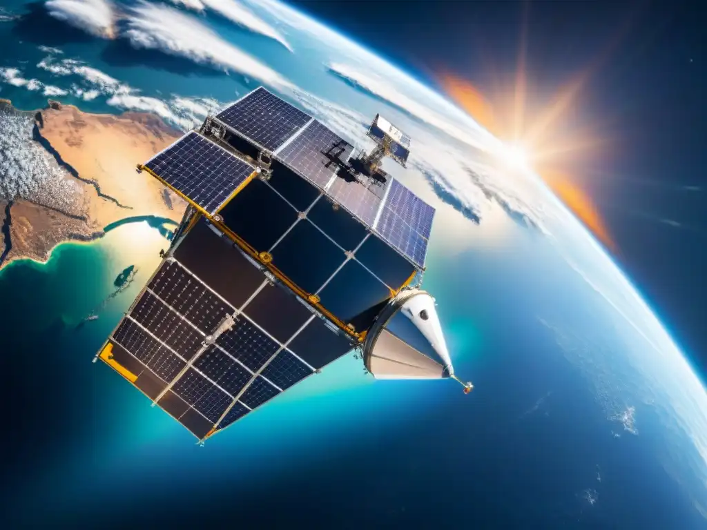 Un satélite de comunicación en misiones espaciales orbita la Tierra, con detalles futuristas y alta tecnología en el espacio