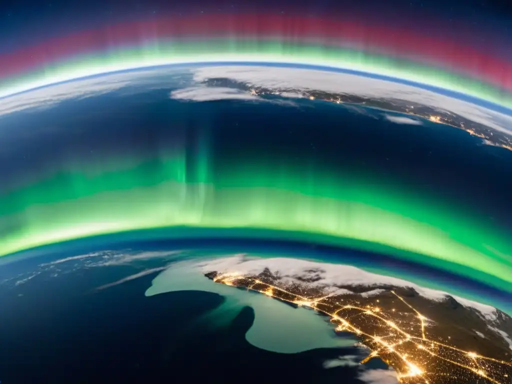 Satélite orbitando la Tierra, monitoreando cambio climático con auroras boreales