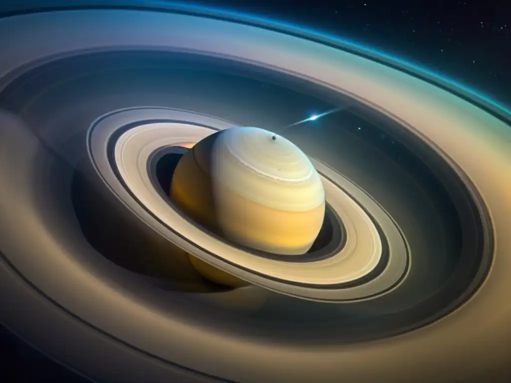 Explorando Saturno: Detalles de sus anillos con Cassini en órbita, rodeado de estrellas y polvo cósmico