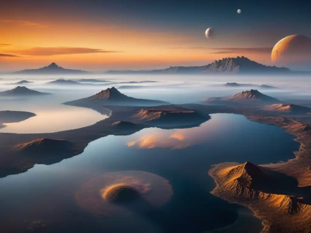 Descubriendo los secretos de Titán: paisaje misterioso de Titán, luna de Saturno, con lagos de metano y montañas envueltas en neblina