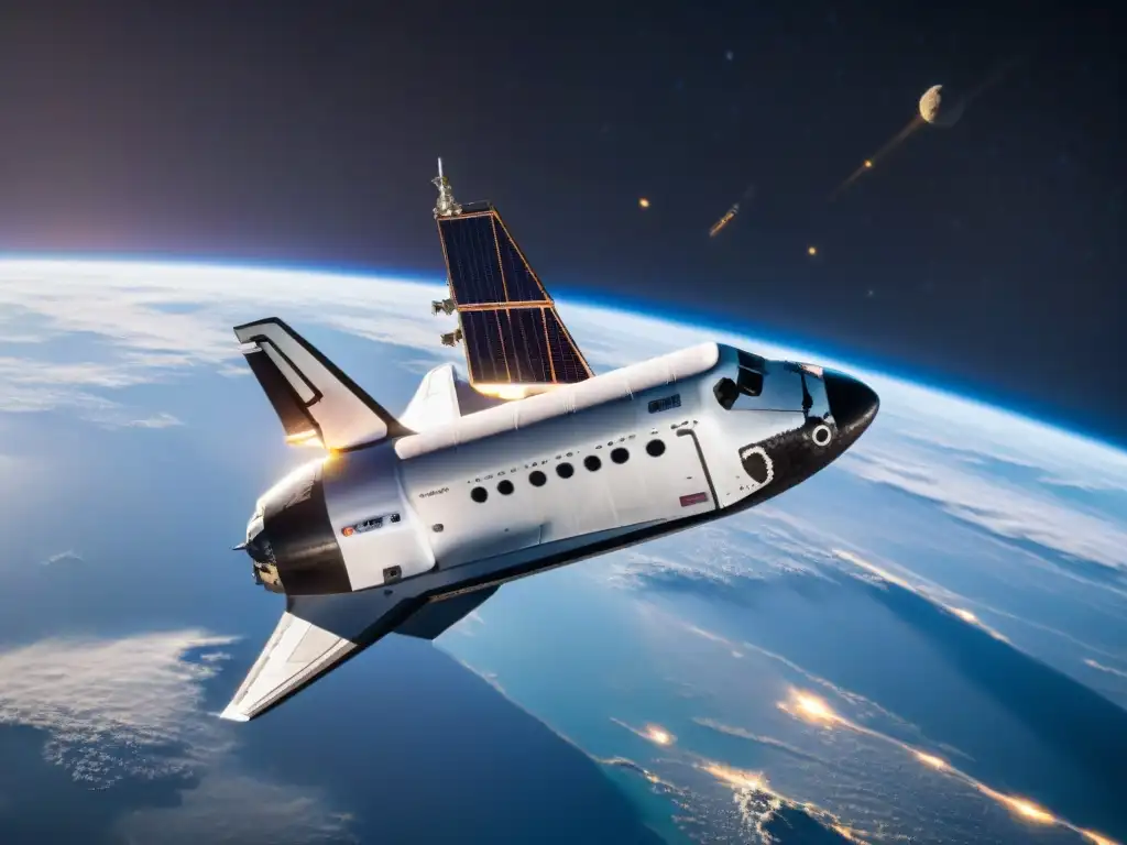 Un shuttle futurista se acopla a una estación espacial con robótica espacial para turismo