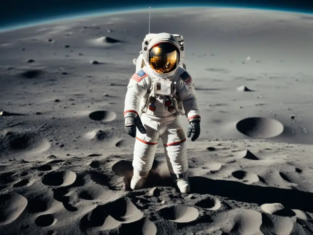 Silueta de astronauta contemplando la Tierra desde la desolada Luna, evocando el legado del Último hombre en la luna