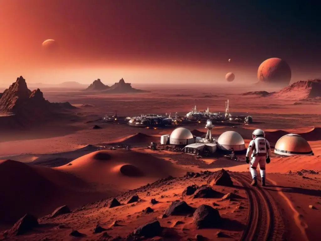 Colonización de Marte: silueta de una colonia futurista contra un amanecer marciano, con astronautas y nave espacial en un asombroso paisaje rojo