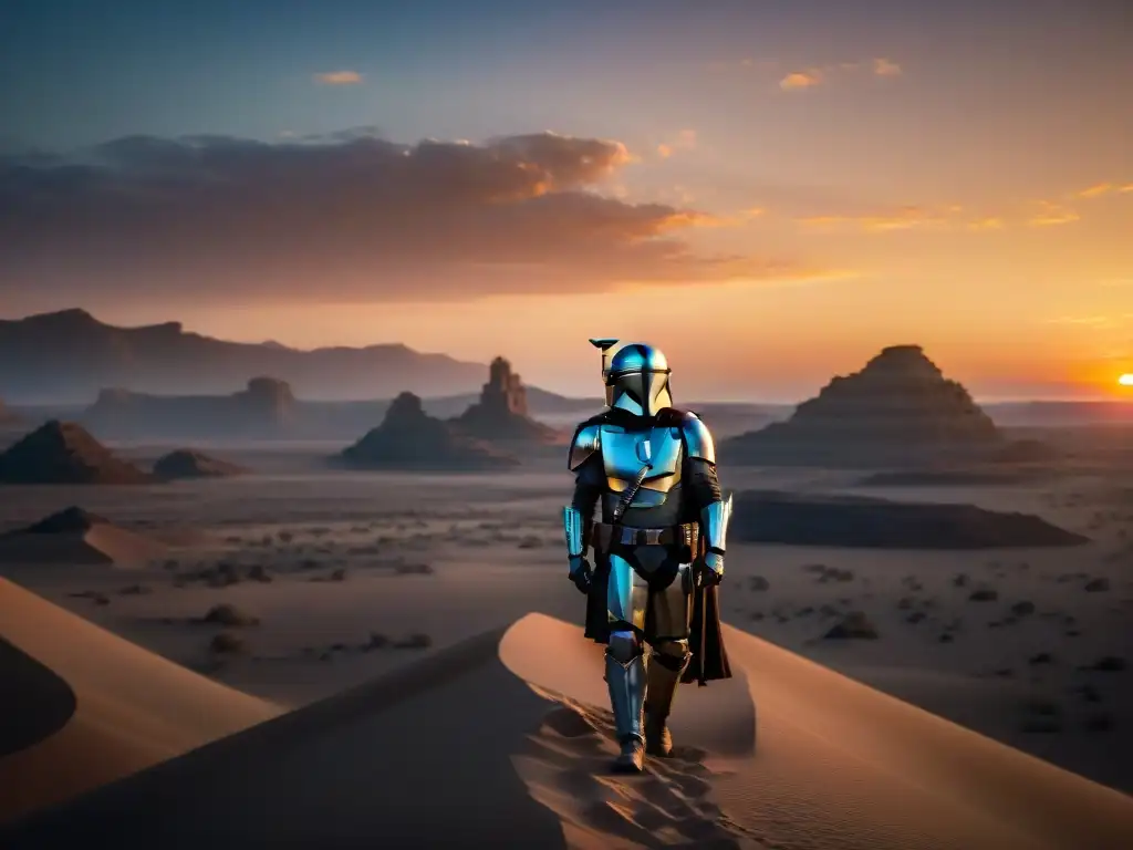 Silueta del personaje principal de 'The Mandalorian' ante un atardecer galáctico en un planeta desértico