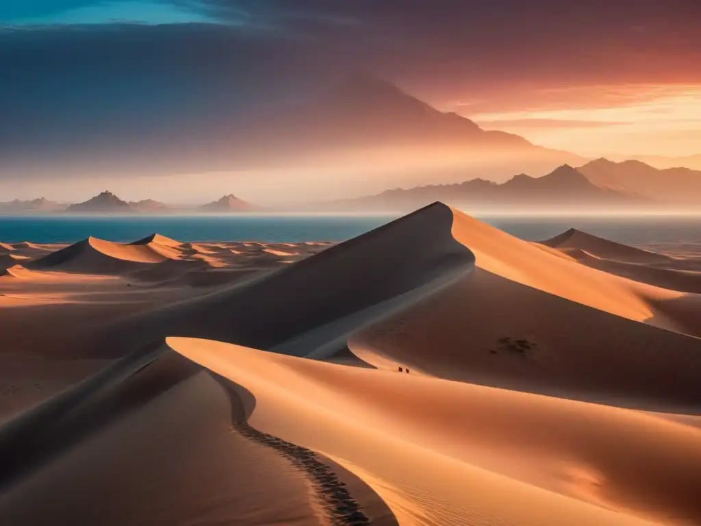 Simbolismos y Profecías Dune: Desierto de Arrakis con dunas y figura Fremen contemplando horizonte bajo cielo carmesí